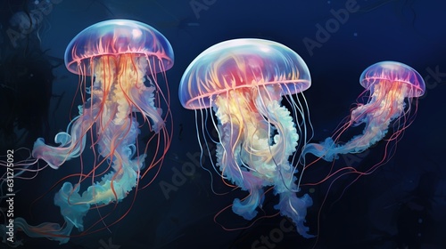  a group of jellyfish floating in the ocean at night. generative ai
