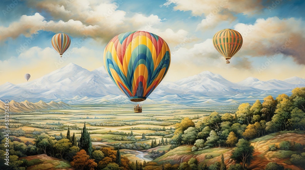 Fototapeta premium a painting of three hot air balloons flying over a valley. generative ai