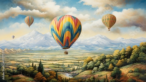  a painting of three hot air balloons flying over a valley. generative ai