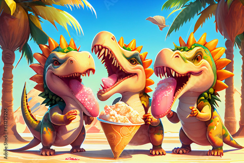 Three cartoon baby dinosaurs eating ice cream, abstract illustration. © serperm73