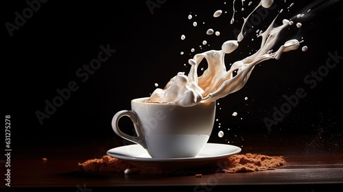  a cup of coffee with milk splashing out of it. generative ai
