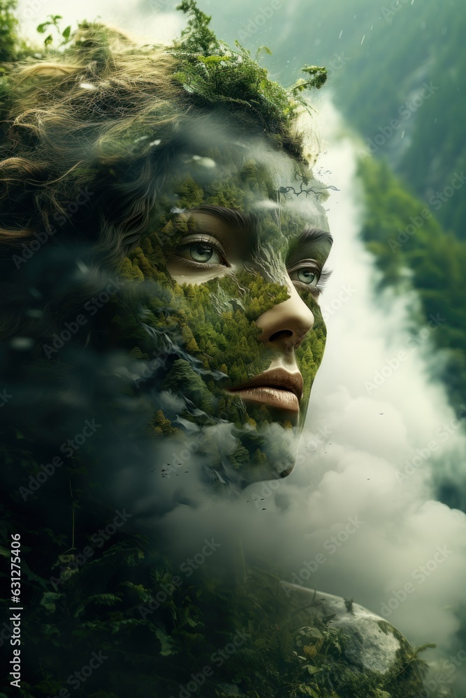Obraz premium Living Landscape: Woman's Face Merged with Vibrant Nature Scene