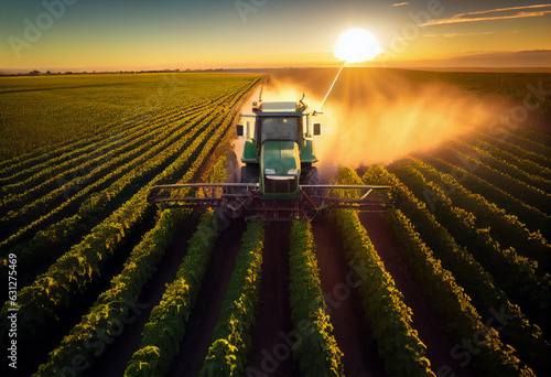 View from a drone; work in a collective farm field. The tractor sprays the plants with weed and insect control. photo