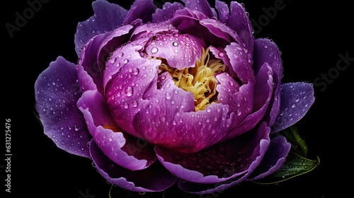 Purple Peony flowers with water drops background. Closeup of blossom with glistening droplets. Generative AI