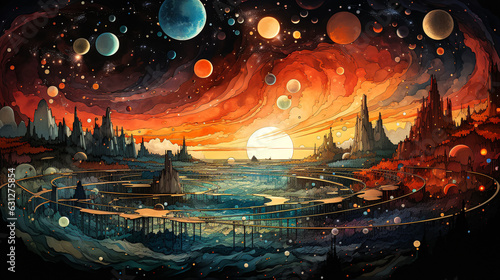 landscape with planets and clouds