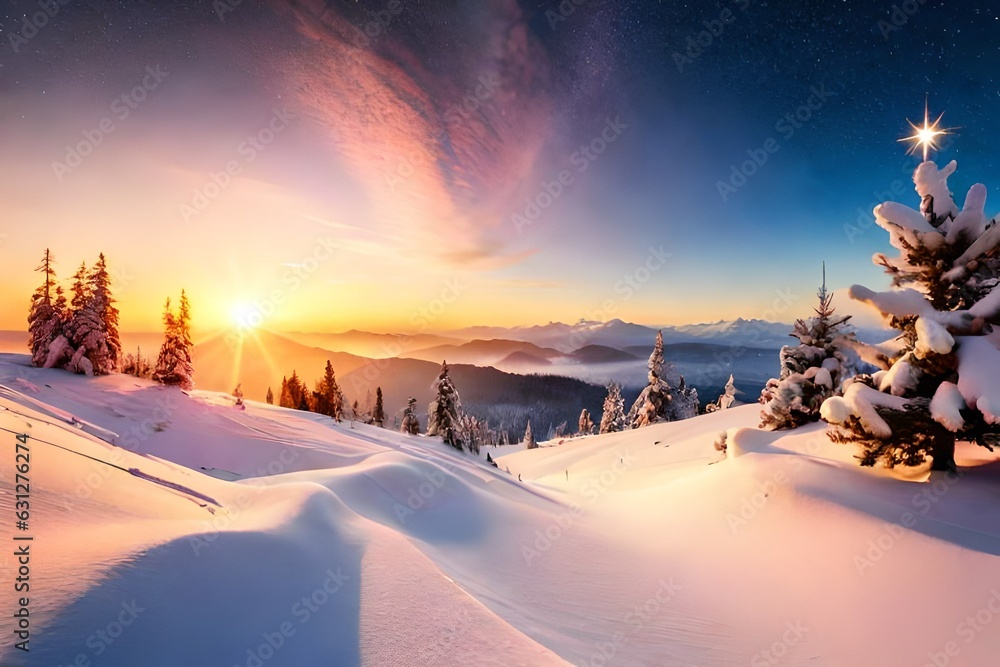 sunset in the mountains covered with snow