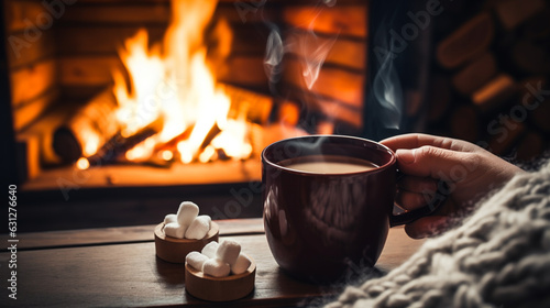 Photo mug of hot chocolate or coffee by the Christmas fireplace