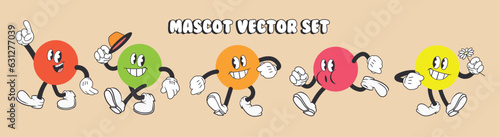 set of five vintage, rubber hose-style cartoon mascots. The characters are colorful circles with smiling faces, arms, and legs, shown in different energetic poses. Cartoon mascot set