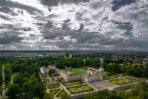 Wilanow, Warsaw, drone, bird view, aerial, city, urban, street, building, roof, sky, clouds, summer time © olo