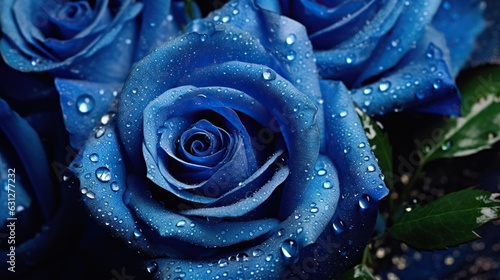 Blue Roses flowers with water drops background. Closeup of blossom with glistening droplets. Generative AI