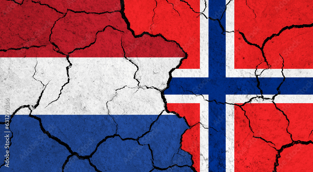 Flags of Netherlands and Norway on cracked surface - politics, relationship concept