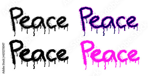 Text PEACE is written with aerosol spray paint in black and pink variations. Paint drips in droplets, splashes, and paint stains. Street art. Vector isolated on a white background.