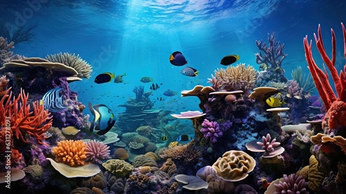  an underwater scene of a coral reef with fish and corals. generative ai