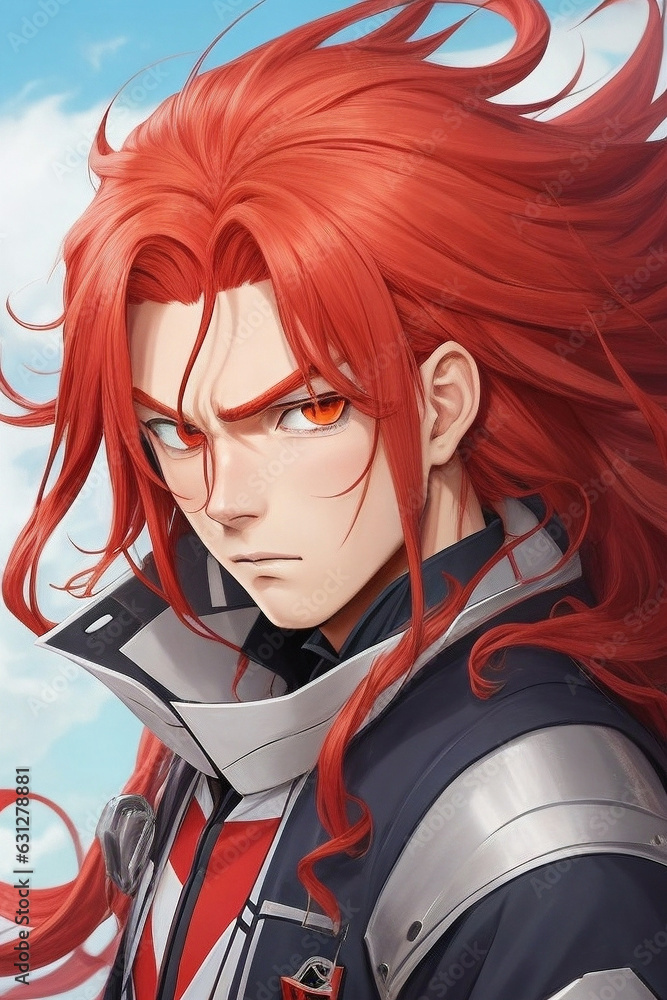 An anime boy with long flowing red hair and a determined look An anime boy with long flowing red hair and a determined look