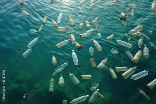 Plastic bottles floating in the sea, pollution in the ocean, garbage in the water, rubbish © Teppi
