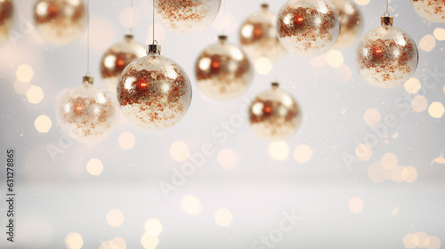 Gold Christmas balls with lights on abstract defocused background