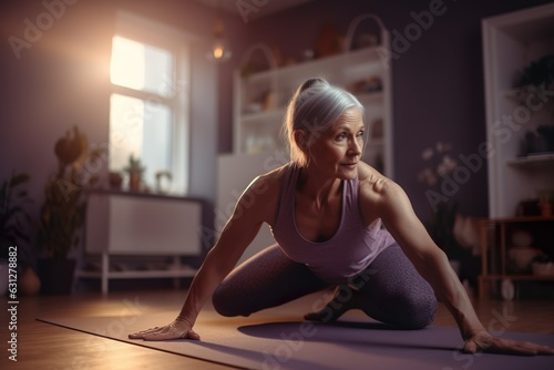 Beautiful aged woman in sportswear is doing stretching on yoga mat at home. Generative AI