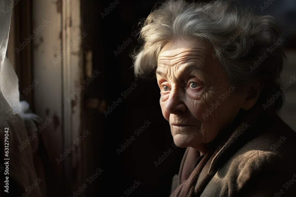 Portrait of a sad elderly woman sitting at the window at home. Generative AI