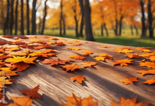 Old wooden table texture with sunny autumn background  AI generated