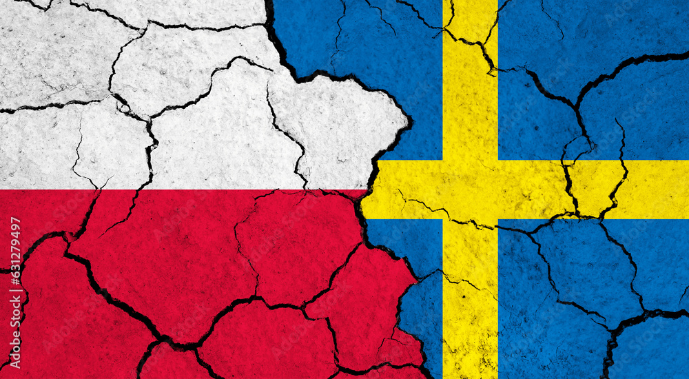 Flags of Poland and Sweden on cracked surface - politics, relationship concept
