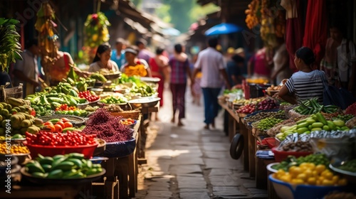 Asian open marketplace, bustling market teeming with activity, vendors display vibrant arrays of fresh produce as locals stroll along the narrow path, engaging in daily trade.