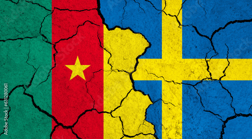 Flags of Cameroon and Sweden on cracked surface - politics, relationship concept