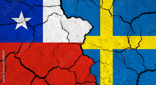 Flags of Chile and Sweden on cracked surface - politics, relationship concept