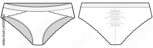 No show brief panty women's lingerie design flat sketch fashion illustration drawing vector template with front and back view