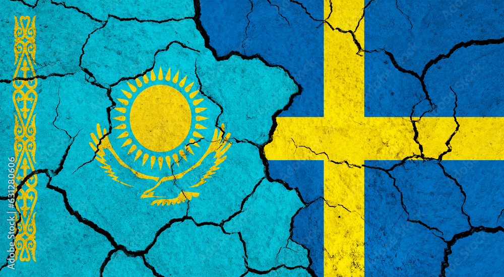 Flags of Kazakhstan and Sweden on cracked surface - politics, relationship concept