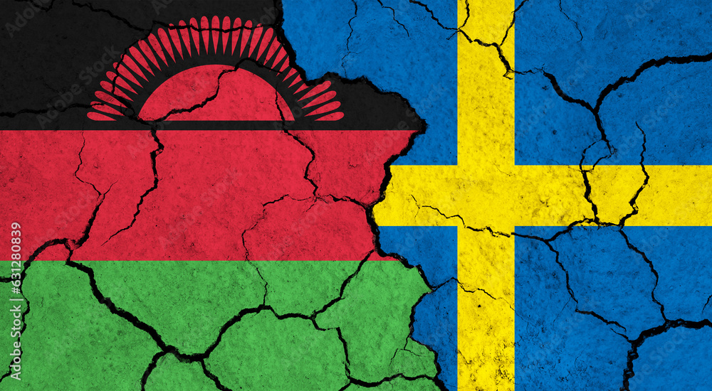 Flags of Malawi and Sweden on cracked surface - politics, relationship concept