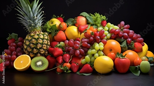 Fresh fruit medley like berries  citrus fruits  and tropical fruits arranged. AI generated