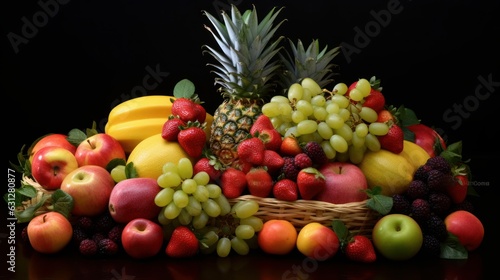 Fresh fruit medley like berries  citrus fruits  and tropical fruits arranged. AI generated