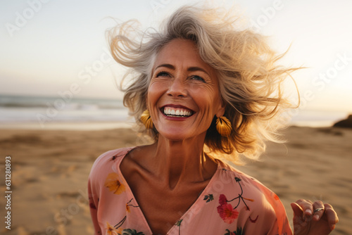 Lifestyles and fashion concept. Close-up portrait of happy and beautiful mature woman model in beach. Sunny and windy day. Generative AI
