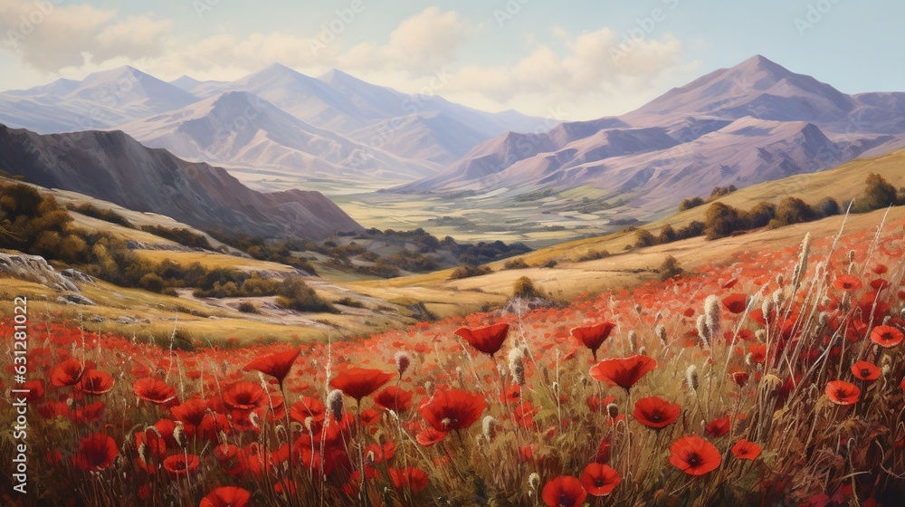  a painting of a field of red flowers with mountains in the background.  generative ai