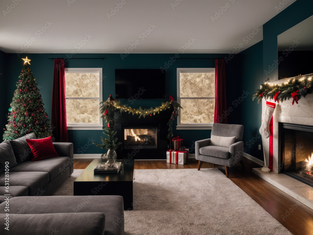 Wide-shot photo of a cozy family room with Christmas decoration. Interior design.