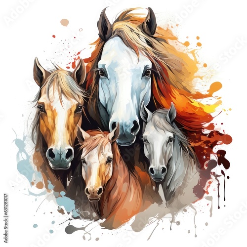 Horses with colorful blots on white background. Vector illustration