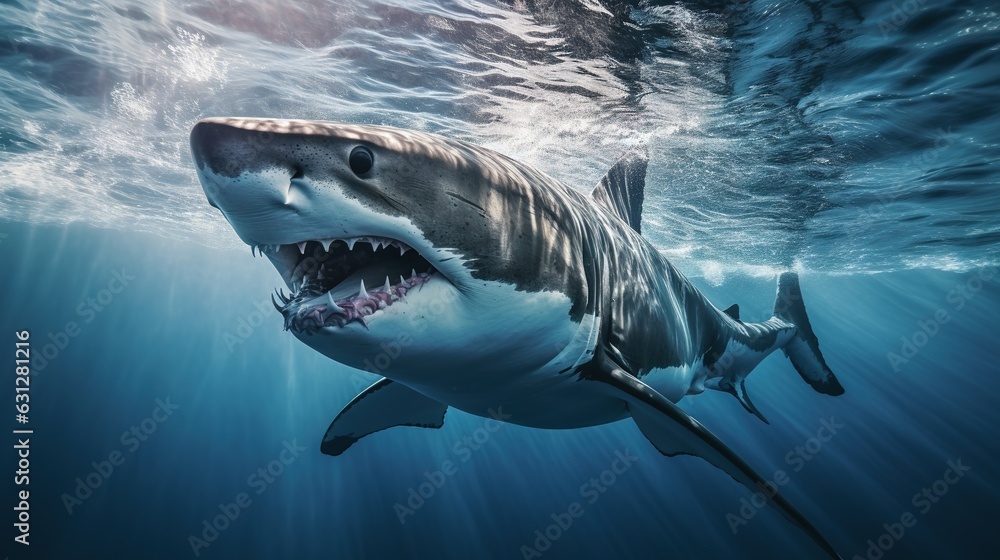 Obraz premium a great white shark with its mouth open in the water. generative ai