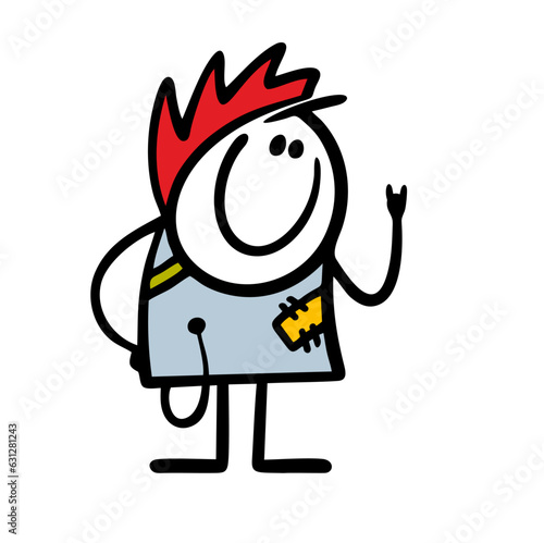 Stickman punk shows a sign with his fingers. Vector illustration of rock music and a guy with red mohawk, a strange hairstyle.