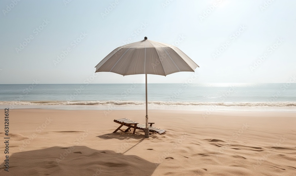  an umbrella and two chairs on a beach near the ocean.  generative ai