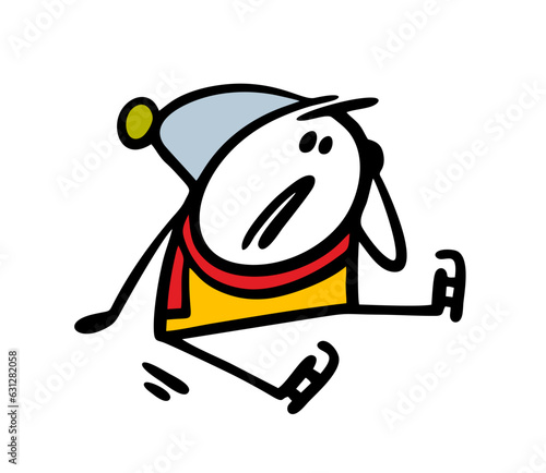 Clumsy athlete with skates fell fell on the ice. Vector illustration of stickman and a winter sport.