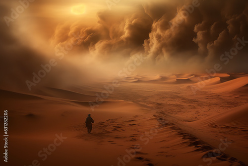 Dramatic scene of a sand storm sweeping across a barren desert landscape  portraying nature s fury