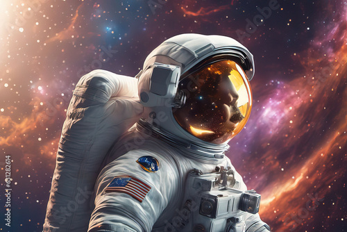 astronaut in space and space station in the background. this image was located in the middle of the planet. elements of this image furnished by nasa