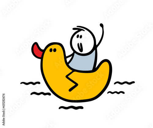 Cute little child swim and sail on the yellow rubber duck on the water. Vector illustration of children game with inflatable toy in swimming pool or sea.