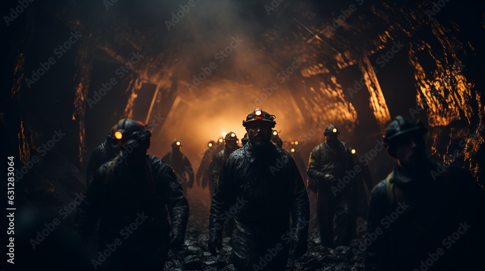 Dramatic Silhouette of Miners Emerging from the Dark Mine 