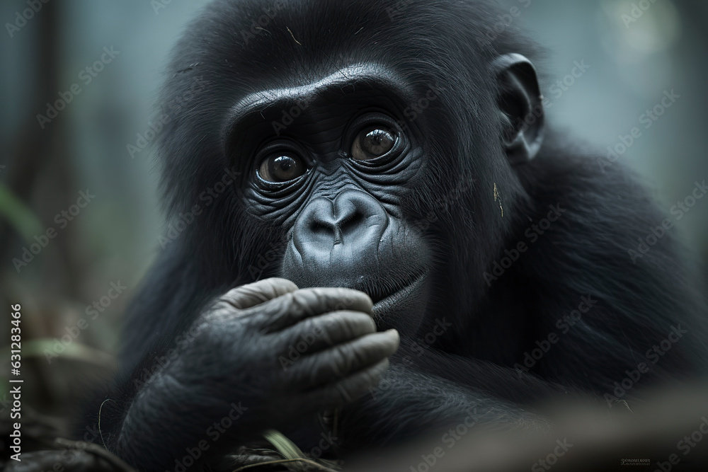 Fototapeta premium Curious Wonder: A Playful Infant Gorilla Explores the Enchanting Depths of the Jungle, ai generative