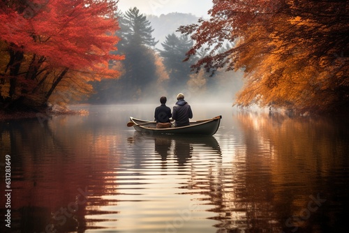 A couple on a romantic canoe ride in a serene lake, reflecting the brilliant autumn colors from the surrounding trees