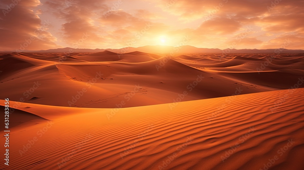  the sun is setting over a desert with sand dunes and mountains.  generative ai