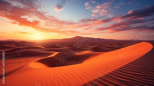  the sun is setting over a desert with sand dunes in the foreground. generative ai