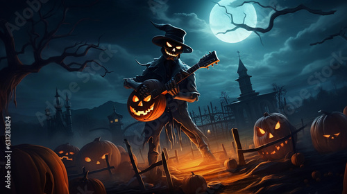 Monster Jack play guitar at the graveyard. Halloween illustration