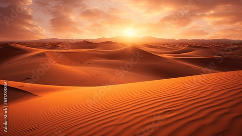  the sun is setting over a desert with sand dunes and mountains. generative ai